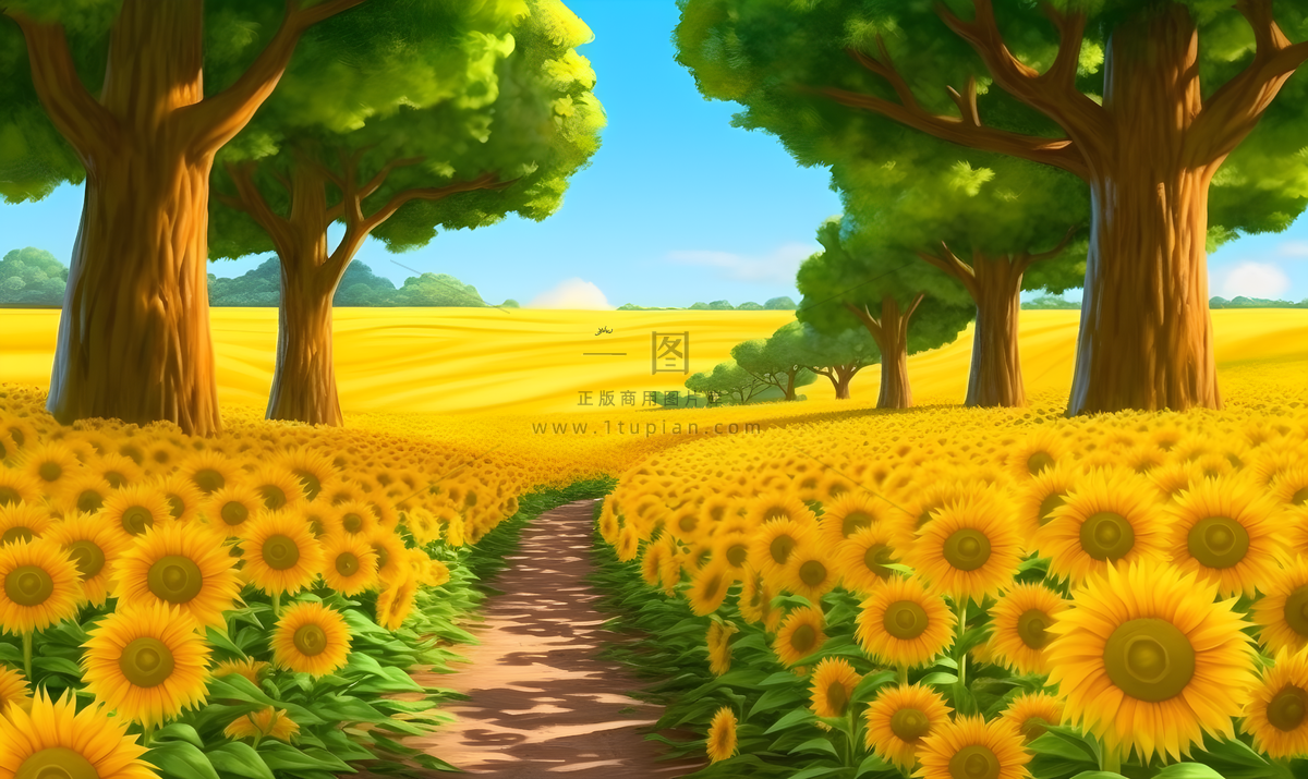 阳光明媚的天气里以树木为背景的向日葵田插画背景