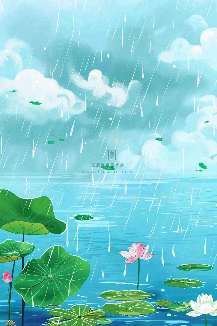 春天下雨天池塘荷花荷叶清凉雨水谷雨处暑插画背景