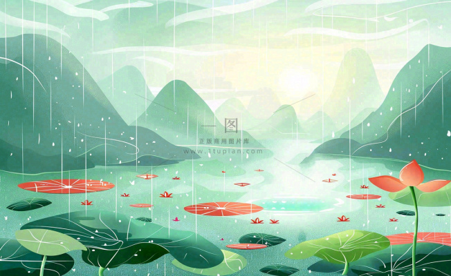 夏日荷花盛开暴雨天气山水花处暑小暑卡通插画背景 夏日荷花盛开暴雨天气山水花处暑小暑卡通插画背景