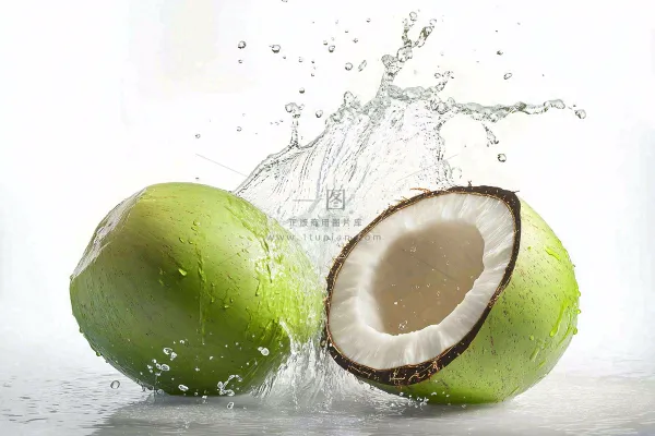 two green coconuts with a splash of water on them, an illustration of by Rodney Joseph Burn, shutterstock, renaissance, coconuts, f 2.5, f4.5 
