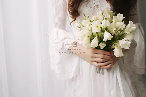 新娘穿着白色婚纱拿着白色手捧花摄影图