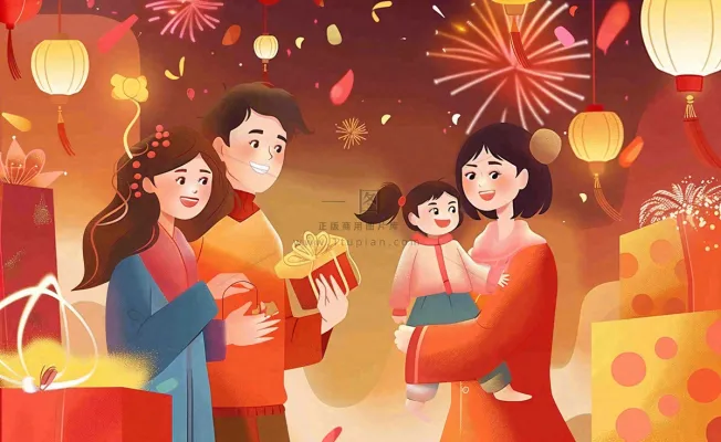 新年春节回家过年团聚送礼物热闹喜庆欢庆卡通插画背景