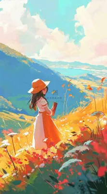油画女孩春天踏青郊游山脉鲜花草地,春分,插画手绘 油画女孩春天踏青郊游山脉鲜花草地,春分,插画手绘