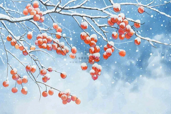 冬天白雪覆盖的红色果实白霜霜降小雪大雪水彩插画背景