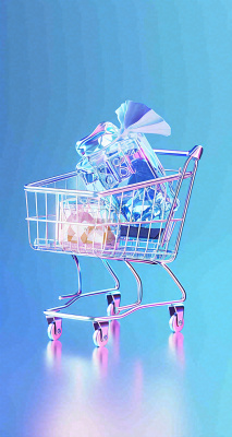 彩色奇幻渐变蓝紫粉色购物车手推车3D