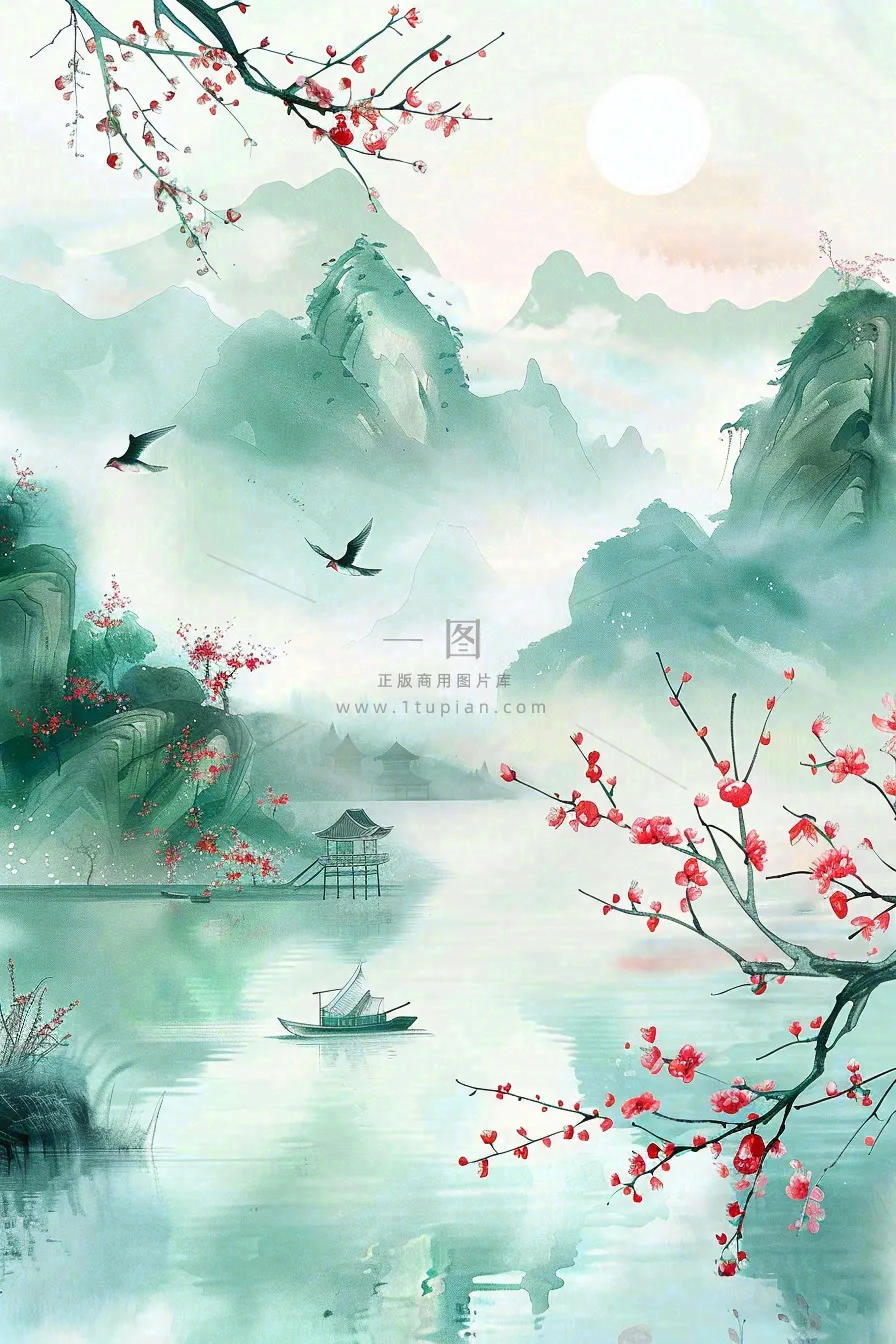 水墨江南山水画桃花青山春分清明惊蛰节气背景