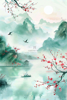 水墨江南山水画桃花青山春分清明惊蛰节气背景 水墨江南山水画桃花青山春分清明惊蛰节气背景