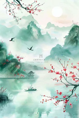 水墨江南山水画桃花青山春分清明惊蛰节气背景 水墨江南山水画桃花青山春分清明惊蛰节气背景