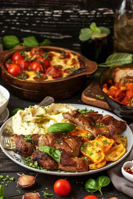 美食餐桌餐厅，烤肉披萨西餐水果红酒摄影图