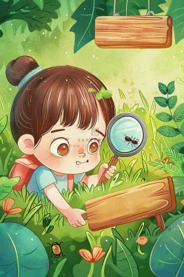 儿童学生森林冒险放大镜观察蚂蚁户外探险儿童节卡通插画背景 儿童学生森林冒险放大镜观察蚂蚁户外探险儿童节卡通插画背景