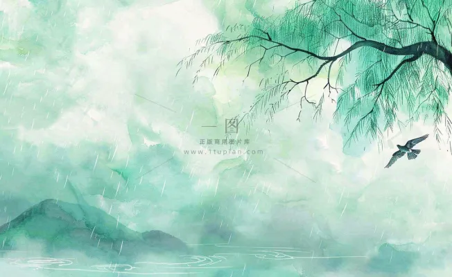 春天梅雨季柳树燕子清冷雨水谷雨惊蛰清明节水墨水彩插画背景 春天梅雨季柳树燕子清冷雨水谷雨惊蛰清明节水墨水彩插画背景