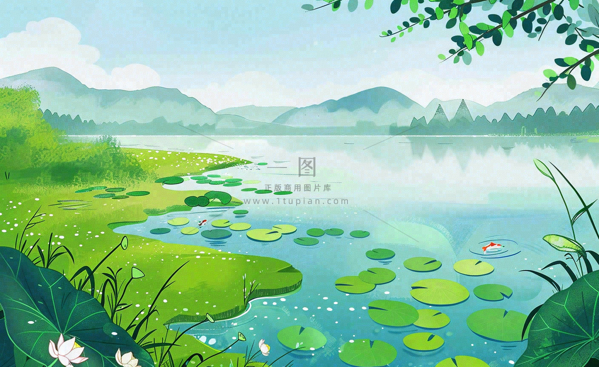 春夏风景湖泊荷花柳树立夏小暑夏至插画背景
