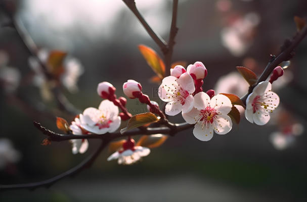 开花的中国传统梅花在阳光下摄影图