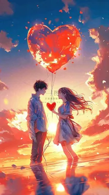 情人节浪漫情人爱心落日蓝天唯美,情侣亲吻爱情,卡通手绘插画 情人节浪漫情人爱心落日蓝天唯美,情侣亲吻爱情,卡通手绘插画