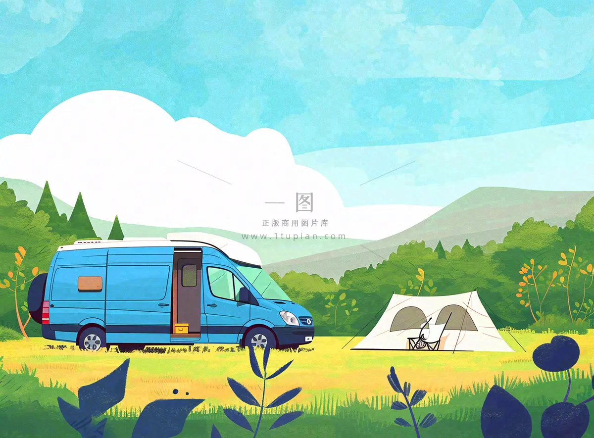 春天夏日清新草坪房车旅行露营玩耍手绘插画