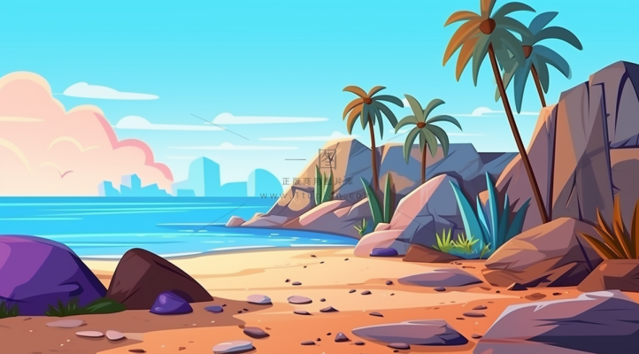 夏日海滩椰子树海浪卡通插画背景
