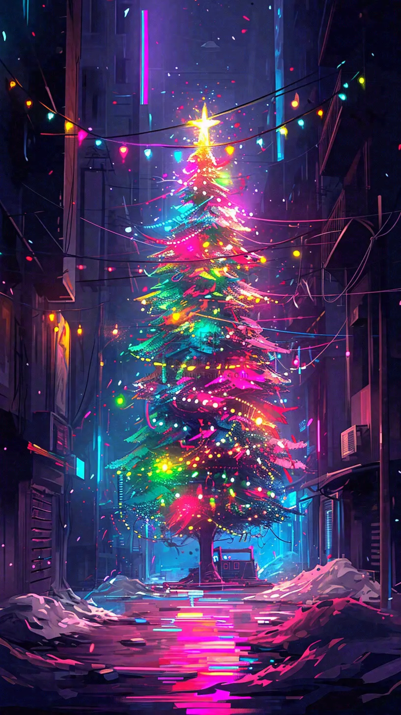 炫酷圣诞彩色缤纷圣诞树节日，夜晚街道建筑，暗黑