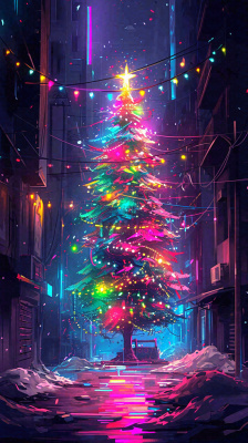 炫酷圣诞彩色缤纷圣诞树节日，夜晚街道建筑，暗黑