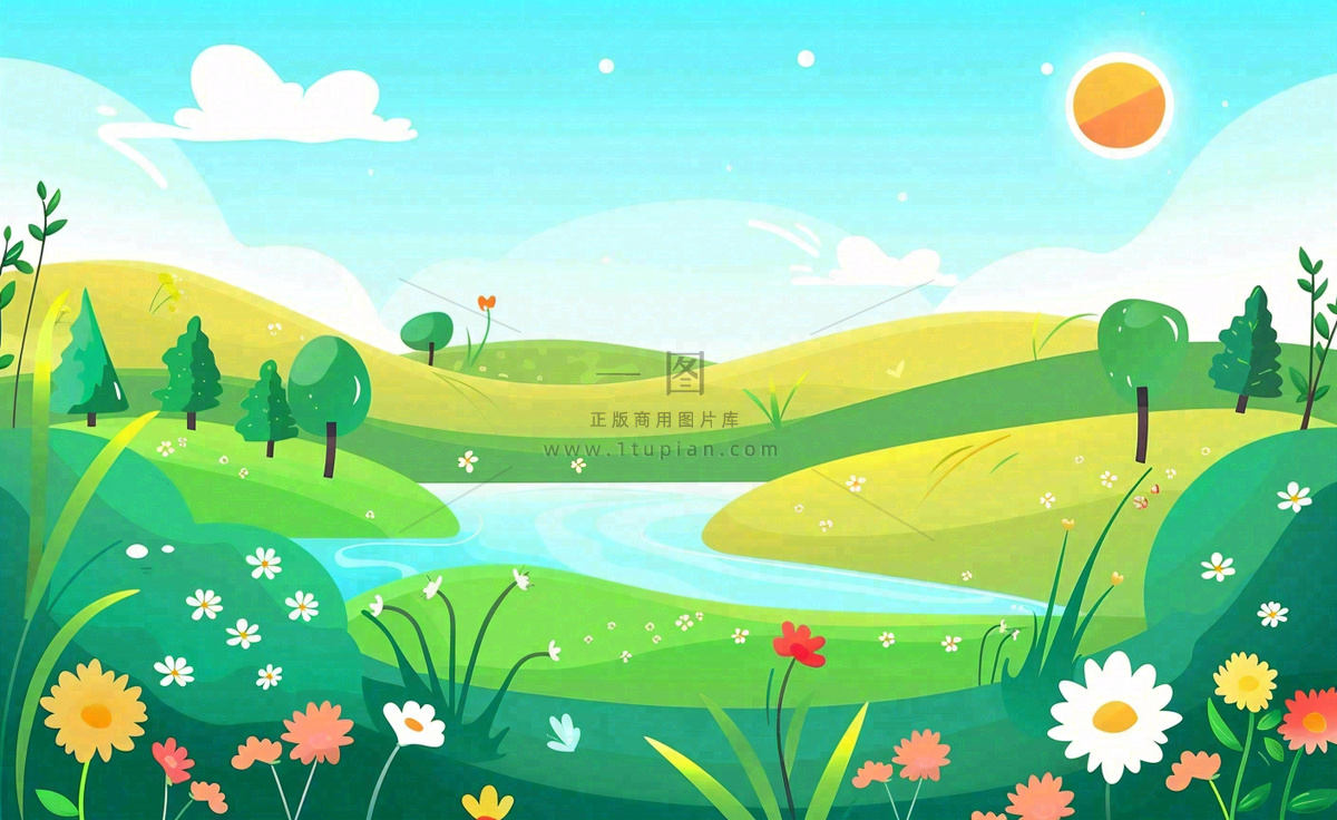 春天插画立春节气郊游遇见春天你好春天花草春风旅游草地风景扁平画背景