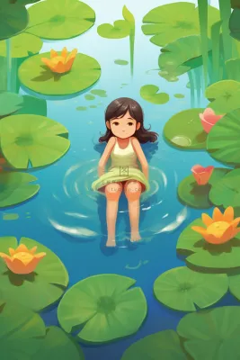 夏日女孩在睡莲荷叶水里玩水水里泛起碧波卡通插画