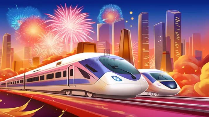 春节春运高铁轻轨列车开往回家的路科技卡通插画背景