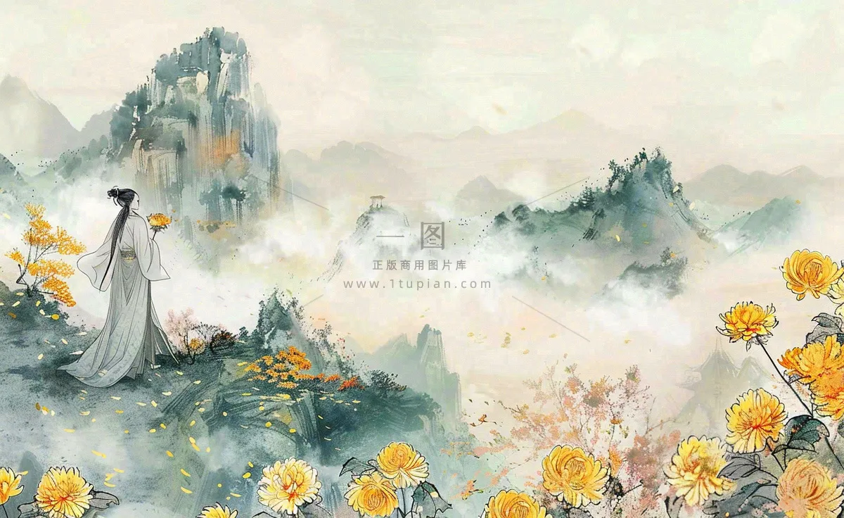 秋天古风水墨画山川菊花古风人物清明节重阳节插画背景
