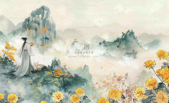 秋天古风水墨画山川菊花古风人物清明节重阳节插画背景 秋天古风水墨画山川菊花古风人物清明节重阳节插画背景