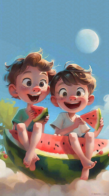 夏天西瓜男孩玩耍欢乐清凉解暑盛夏夏至大暑插画背景