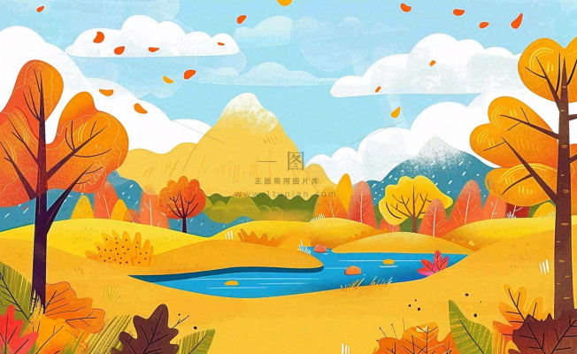 秋天金黄的森林山坡树木落叶蓝天白云立秋秋分处暑卡通插画背景 秋天金黄的森林山坡树木落叶蓝天白云立秋秋分处暑卡通插画背景