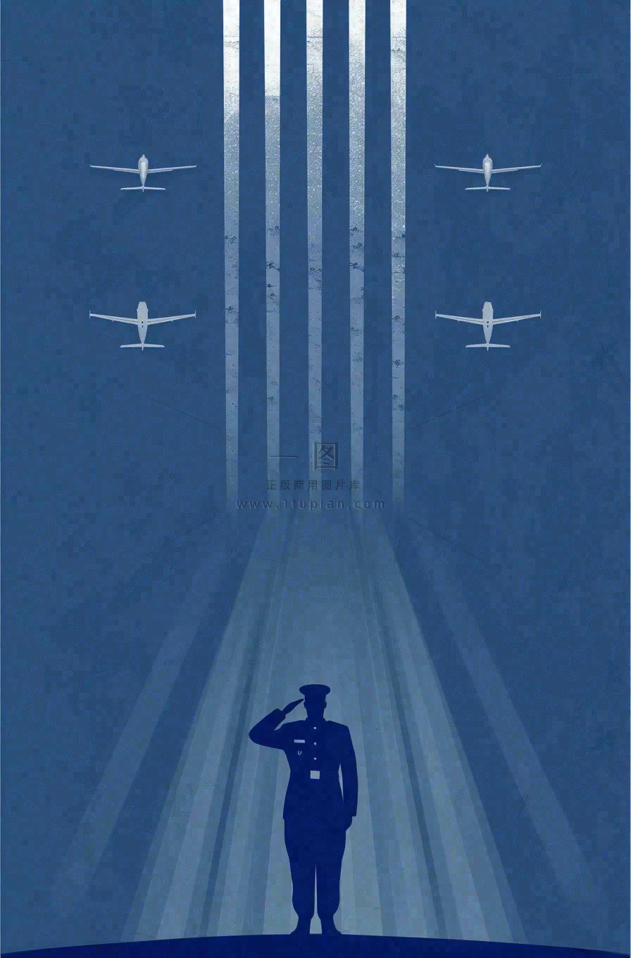 建军蓝色纹理简约军人剪影飞机插画背景