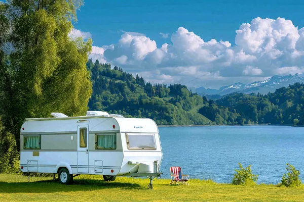 野外露营湖边停着一辆房车，野餐，春游摄影图