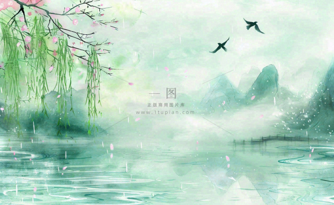 春天桃花柳树燕子清明山水国画中国风古风水雨水谷雨背景