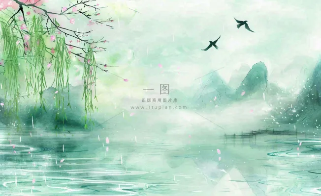 春天桃花柳树燕子清明山水国画中国风古风水雨水谷雨背景 春天桃花柳树燕子清明山水国画中国风古风水雨水谷雨背景