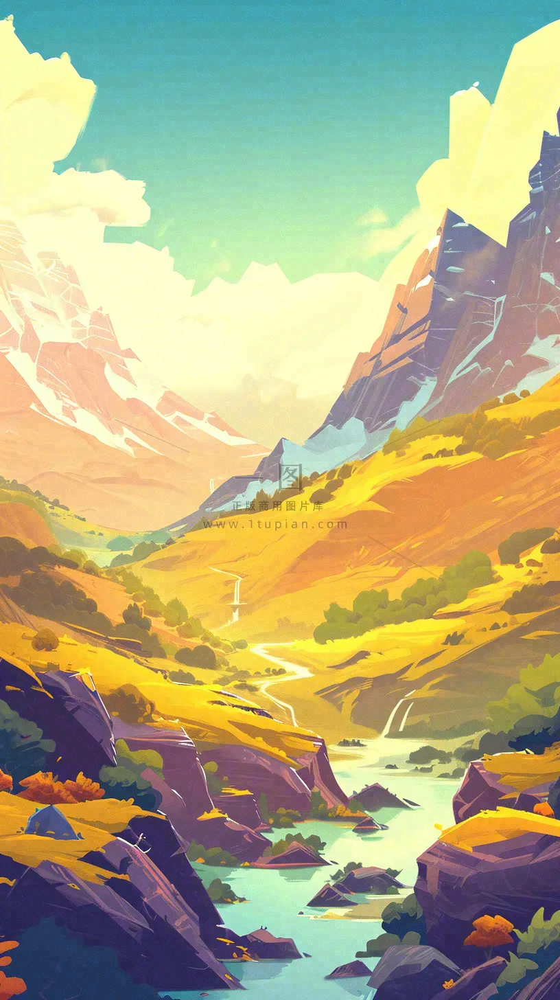 落日山脉河流小溪扁平手绘插画,旅行游玩登山郊游