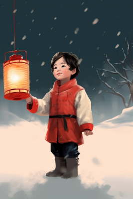 冬天白雪地打着灯笼得中国小孩卡通插画背景
