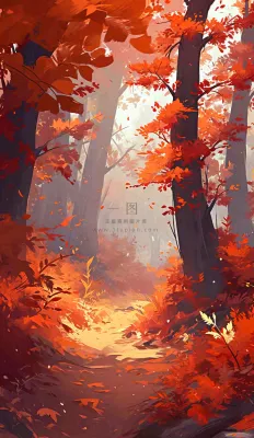 秋天红色秋叶树落叶温馨自然风景，立秋手绘插画