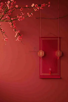 红色国风背景梅花花朵插画元旦背景