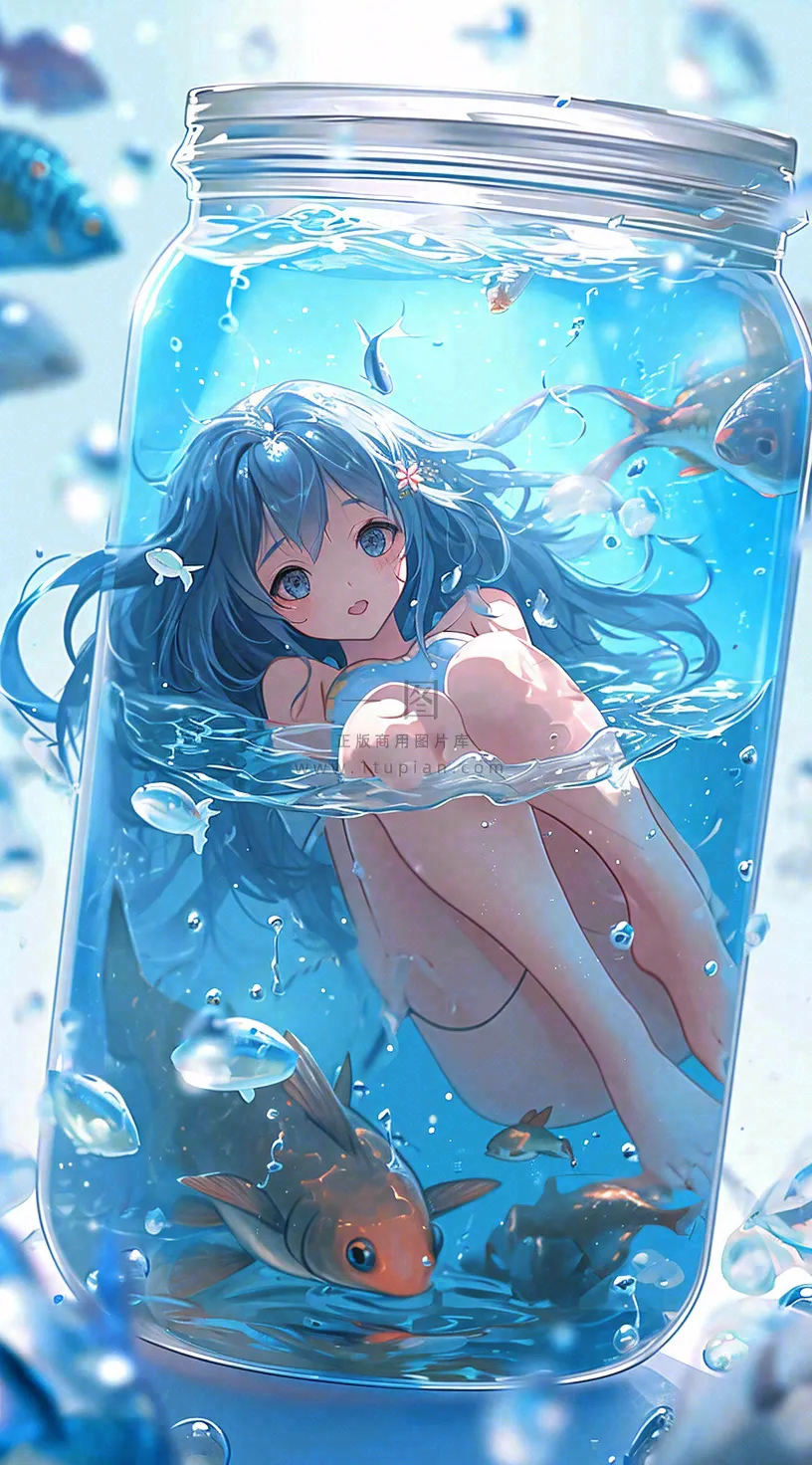 漫画少女海底瓶罐金鱼水面鱼类游泳插画手绘