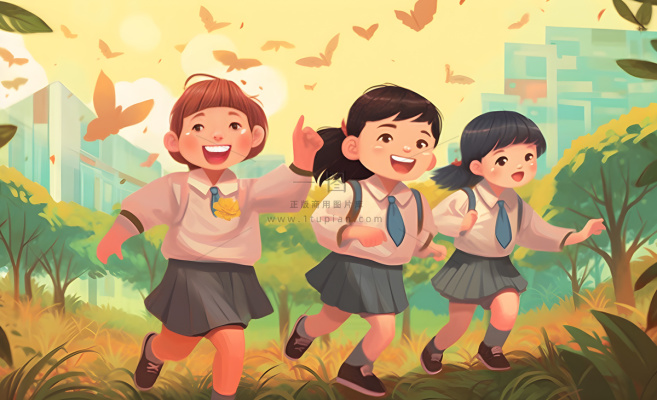 孩子们放学回家落叶欢乐卡通插画背景