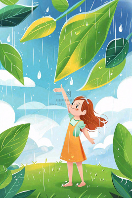 下雨天巨大绿植下的女孩躲雨玩耍雨水谷雨春天卡通插画背景