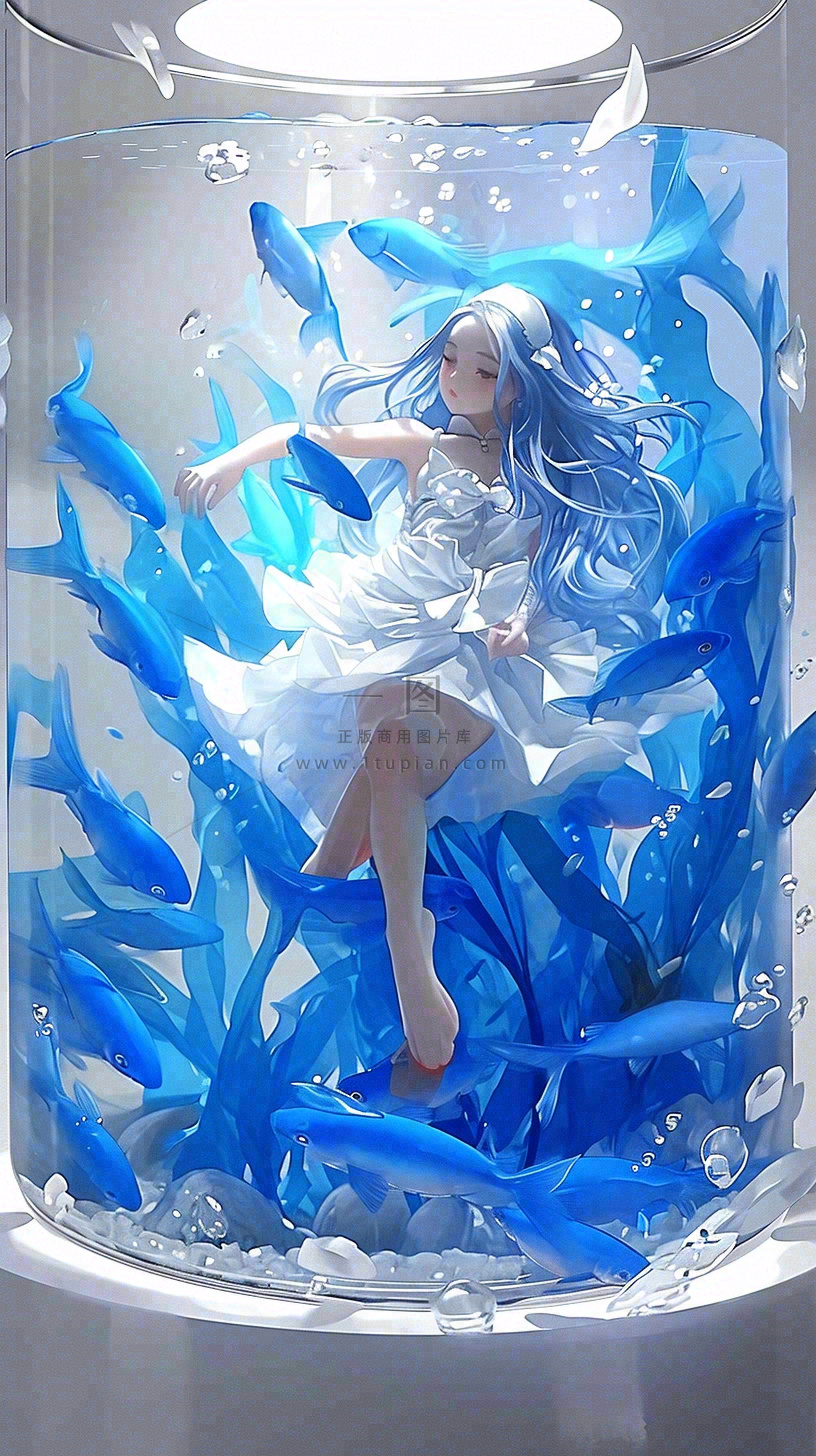 蓝色水面美人鱼,鱼类少女动漫漫画手绘插画