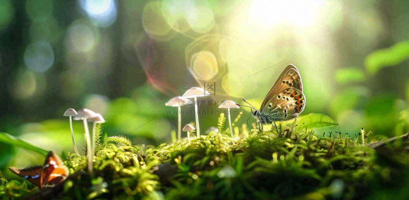阳光斑驳下的蝴蝶苔藓蘑菇春天森林春分惊蛰摄影图 阳光斑驳下的蝴蝶苔藓蘑菇春天森林春分惊蛰摄影图
