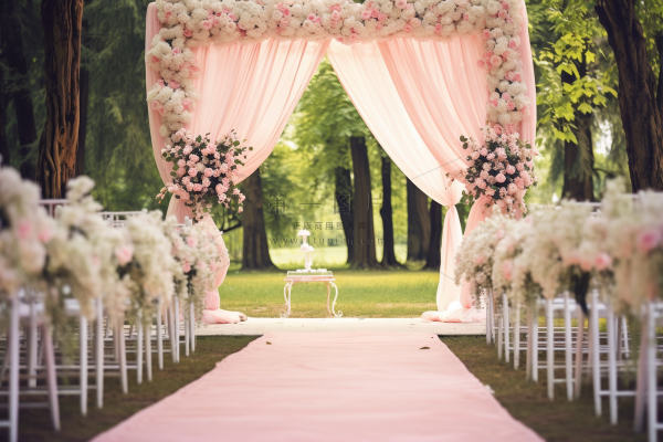 粉色婚礼布置现场户外婚礼森林摄影图