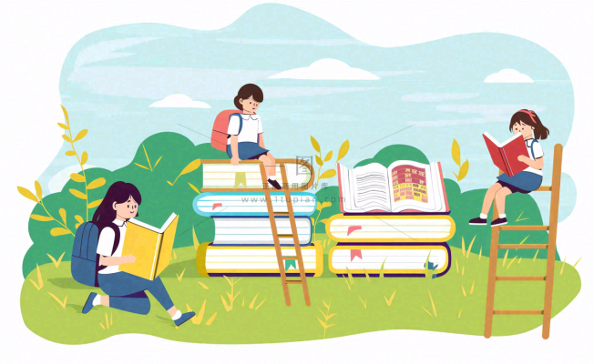 学生们在书本知识里学习阅读遨游阶梯世界读书日卡通插画背景