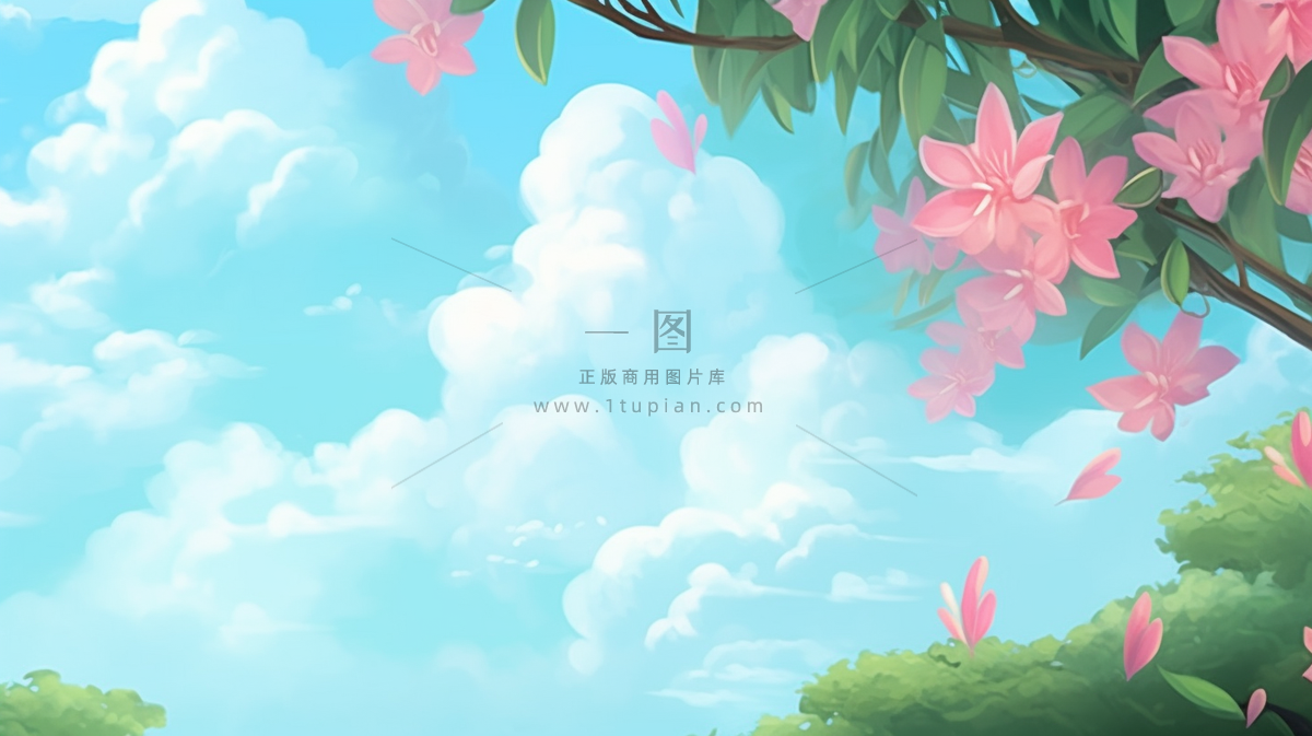 蓝天白云粉色花树花瓣卡通插画素材