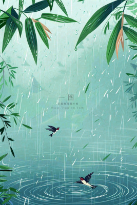 春天大雨磅礴绿叶植物燕子雨滴敲打水面雨水谷雨卡通插画背景 春天大雨磅礴绿叶植物燕子雨滴敲打水面雨水谷雨卡通插画背景