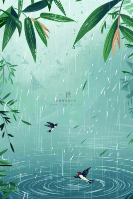 春天大雨磅礴绿叶植物燕子雨滴敲打水面雨水谷雨卡通插画背景 春天大雨磅礴绿叶植物燕子雨滴敲打水面雨水谷雨卡通插画背景