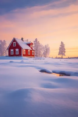 冬季晚霞日落雪景中的小屋木屋美景摄影图