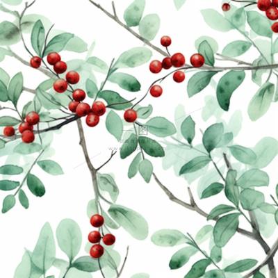 树枝上的红色果实小清新植物水墨画插画素材