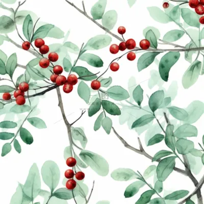 树枝上的红色果实小清新植物水墨画插画素材